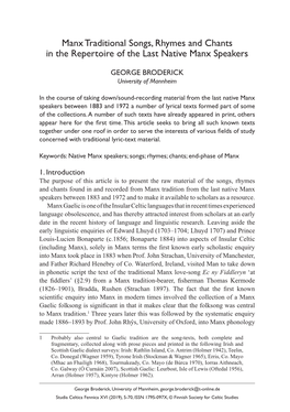 Manx Traditional Songs, Rhymes and Chants in the Repertoire of the Last Native Manx Speakers