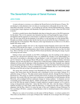 The Sevenfold Purpose of Sanat Kumara