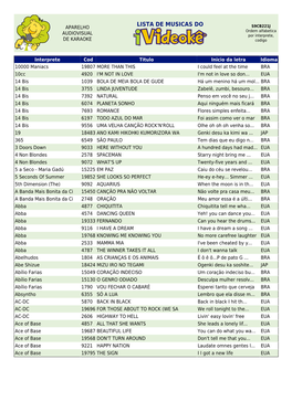 LISTA DE MUSICAS DO APARELHO S9CB221J Ordem Alfabetica AUDIOVISUAL Por Interprete, DE KARAOKE Codigo