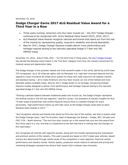 Dodge Charger Earns 2017 ALG Residual Value Award for a Third Year in a Row