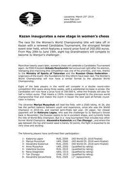 Kazan Inaugurates a New Stage in Women's Chess