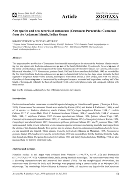 New Species and New Records of Cumaceans (Crustacea: Peracarida: Cumacea) from the Andaman Islands, Indian Ocean