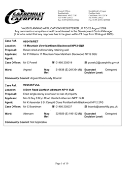 Page 1 of 10 VALID PLANNING APPLICATIONS REGISTERED up to 25 August 2009 Any Comments Or Enquiries Should Be Addressed to the De