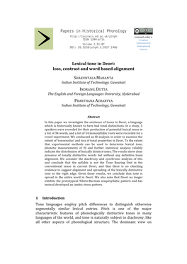 Papers in Historical Phonology Lexical Tone in Deori: Loss, Contrast