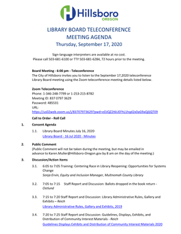 LIBRARY BOARD TELECONFERENCE MEETING AGENDA Thursday, September 17, 2020