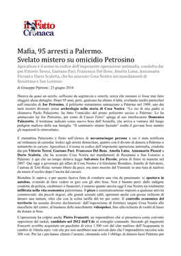 Mafia, 95 Arresti a Palermo. Svelato Mistero Su Omicidio