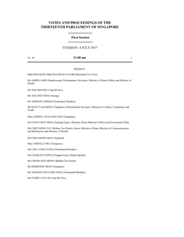 Votes and Proceedings of the Thirteenth Parliament of Singapore