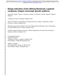 Range Reduction of the Oblong Rocksnail, Leptoxis 2 Compacta, Shapes Riverscape Genetic Patterns 3 4 Aaliyah D