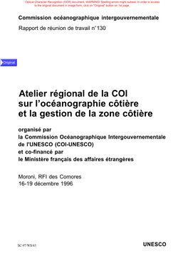 Atelier Régional De La COI Sur L'océanographie Côtière Et La