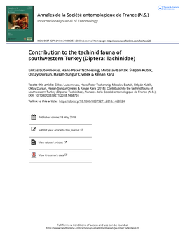 Contribution to the Tachinid Fauna of Southwestern Turkey (Diptera: Tachinidae)