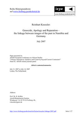 Reinhart Koessler: Genocide, Apology and Reparation – the Linkage Between Images of the Past in Namibia and Germany