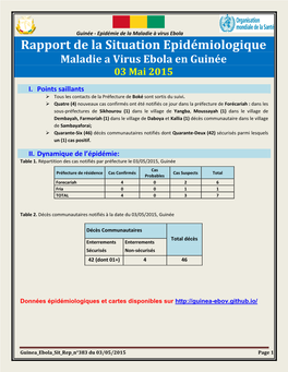 Rapport De La Situation Epidémiologique Maladie a Virus Ebola En Guinée 03 Mai 2015