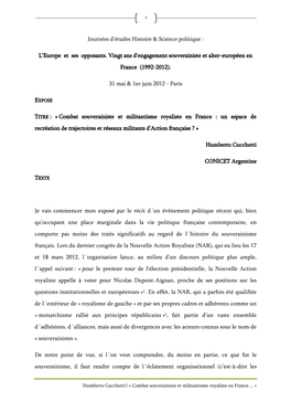 Combat Souverainiste Et Militantisme Royaliste En France : Un Espace De Recréation De Trajectoires Et Réseaux Militants D’Action Française ? »