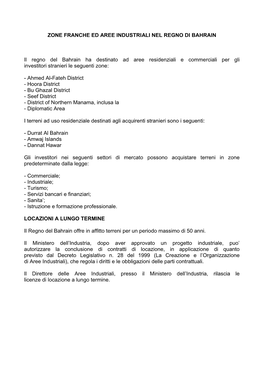 ZONE FRANCHE ED AREE INDUSTRIALI NEL REGNO DI BAHRAIN Il Regno Del Bahrain Ha Destinato Ad Aree Residenziali E Commerciali Per G