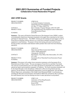 2001-2013 Summaries of Funded Projects Collaborative Forest Restoration Program