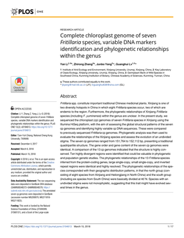 Complete Chloroplast Genome of Seven Fritillaria Species, Variable DNA Markers Identification and Phylogenetic Relationships Within the Genus