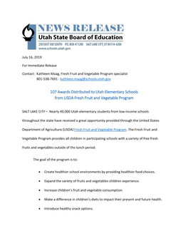107 Awards Distributed to Utah Elementary Schools from USDA Fresh Fruit and Vegetable Program