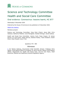 Science and Technology Committee Health and Social Care Committee Oral Evidence: Coronavirus: Lessons Learnt, HC 877
