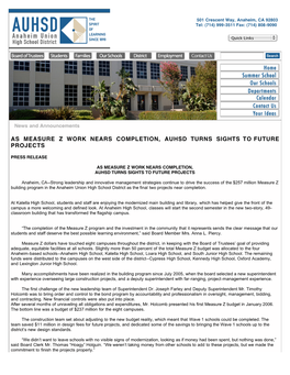 Anaheim Union High School District As the Final Two Projects Near Completion