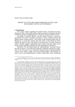 Danilo Capecchi (Rome, Italy) WEIGHT AS ACTIVE OR PASSIVE PRINCIPLE in the LATIN and ARABIC SCIENTIA DE PONDERIBUS 1. Introducti