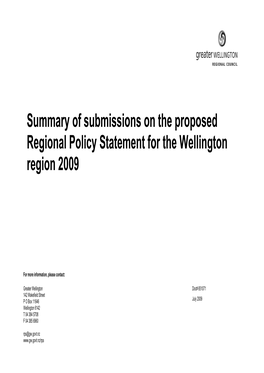 Summary of Submissions on the Proposed Regional Policy Statement for the Wellington Region 2009