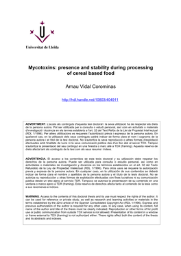 Mycotoxins: Presence and Stability During Processing of Cereal Based Food