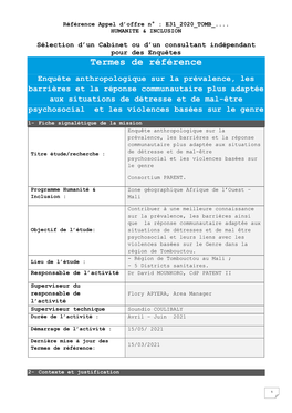 Termes De Référence Enquête Anthropologique Sur La Prévalence, Les Barrières Et La Réponse