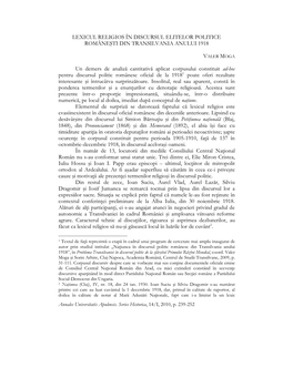 Lexicul Religios În Discursul Elitelor Politice Româneşti Din Transilvania Anului 1918