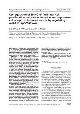 Up-Regulation of SNHG15 Facilitates Cell Proliferation, Migration, Invasion and Suppresses Cell Apoptosis in Breast Cancer by Regulating Mir-411-5P/VASP Axis