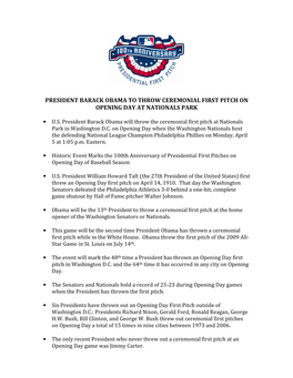 President Barack Obama to Throw Ceremonial First Pitch on Opening Day at Nationals Park