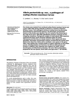 Vibrio Pectenicida Sp. Nov., a Pathogen of Scallop (Pecten Maximus) Larvae