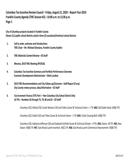 Columbus Tax Incentive Review Council Friday, August 21, 2020 Report Year 2019 Franklin County Agenda (TIRC Session #2) 10:00 A.M