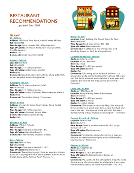 RESTAURANT RECOMMENDATIONS Updated Dec 2009