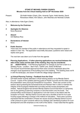 2020/58 STOKE ST MICHAEL PARISH COUNCIL Minutes from the Virtual Meeting Held on 26Th November 2020