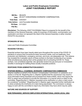 AN ACT CONCERNING WORKERS' COMPENSATION. Vote Date: 3/25/2021 Vote Action: Joint Favorable Substitute PH Date: 3/11/2021 File No