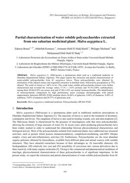 Partial Characterization of Water Soluble Polysaccharides Extracted from One Saharian Medicinal Plant: Malva Aegyptiaca L