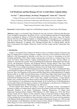 Cell Membrane and Dna Damage of Cu2+ to Soil Ciliates Colpoda Inflata