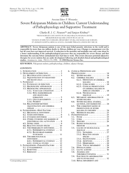 Severe Falciparum Malaria in Children: Current Understanding of Pathophysiology and Supportive Treatment