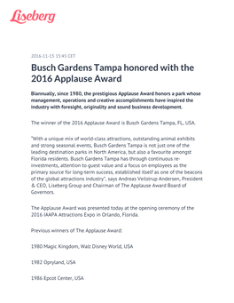 Busch Gardens Tampa Honored with the 2016 Applause Award