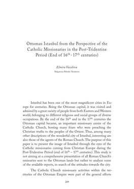 Ottoman Istanbul from the Perspective of the Catholic Missionaries in the Post-Tridentine Period (End of 16Th - 17Th Centuries)
