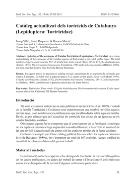 Catàleg Actualitzat Dels Tortrícids De Catalunya (Lepidoptera: Tortricidae)