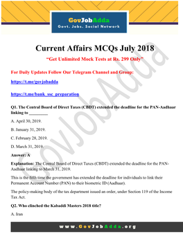 Current Affairs Mcqs July 2018 “Get Unlimited Mock Tests at Rs