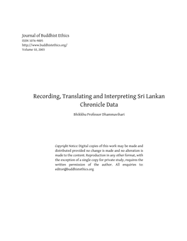 Recording, Translating and Interpreting Sri Lankan Chronicle Data