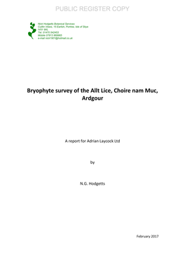 Bryophyte Survey of the Allt Lice, Choire Nam Muc, Ardgour