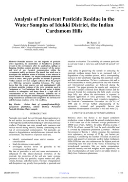 Analysis of Persistent Pesticide Residue in the Water Samples of Idukki District, the Indian Cardamom Hills