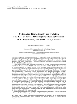 Late Silurian) Graptolites of the Yass District, New South Wales, Australia