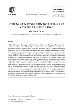 Local Economic Development, Decentralisation and Consensus Building in Turkey