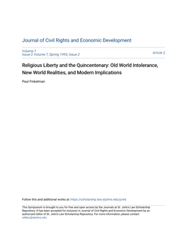 Religious Liberty and the Quincentenary: Old World Intolerance, New World Realities, and Modern Implications