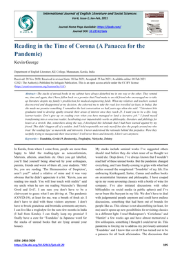 Reading in the Time of Corona (A Panacea for the Pandemic) Kevin George