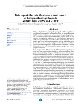 Data Report: the Late Quaternary Fossil Record of Holoplanktonic Gastropods at IODP Sites U1395 and U13941 Deborah Wall-Palmer,2 Christopher W